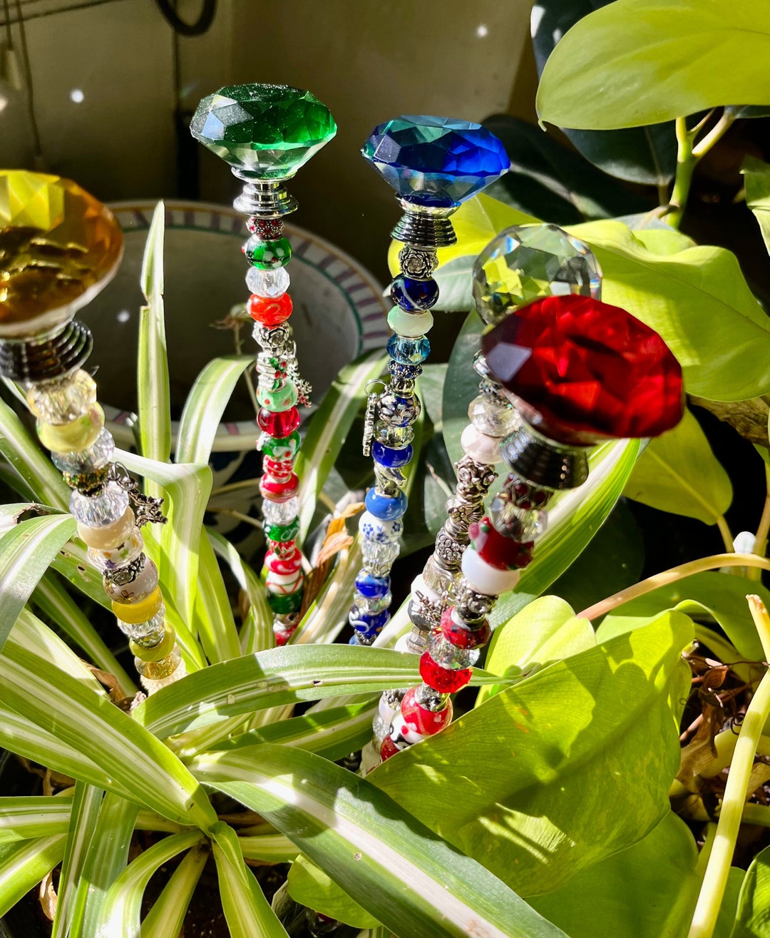 Fairy Garden Stakes, Beaded Garden Stake, Prism Toppers, Customized