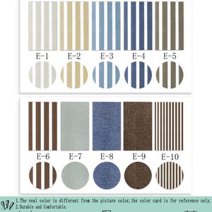 May include: E-Stripe Color Card (100% polyester) displaying ten fabric swatches labeled E-1 through E-10. The swatches feature various striped patterns in shades of beige, blue, brown, and gray, alongside solid textured options. Includes care icons for 30-degree water, machine washing, and air drying.