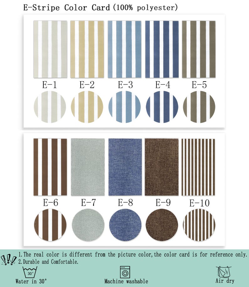 May include: E-Stripe Color Card (100% polyester) displaying ten fabric swatches labeled E-1 through E-10. The swatches feature various striped patterns in shades of beige, blue, brown, and gray, alongside solid textured options. Includes care icons for 30-degree water, machine washing, and air drying.