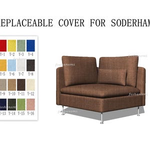 Puede incluir: Una funda de tela marrón para sofá Soderhamn, que incluye una tabla de colores con dieciséis muestras de tela numeradas en rojo, amarillo, verde, azul, negro, blanco y varios tonos neutros, con el texto REPLACEABLE COVER FOR SODERHAMN.