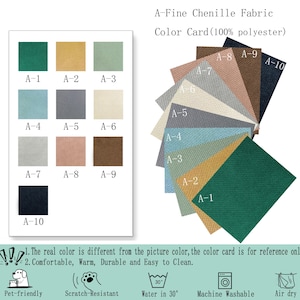 May include: A-Fine Chenille Fabric Color Card (100% polyester) displaying ten color swatches labeled A-1 through A-10. The swatches include shades of green, yellow, light green, blue, gray, cream, light gray, pink, brown, and dark navy blue.