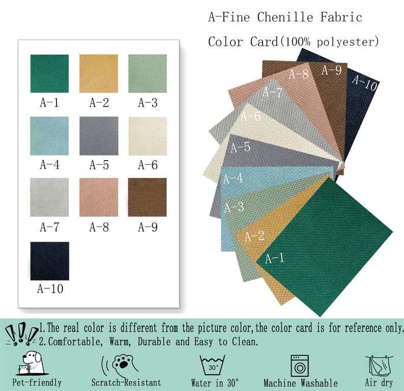 May include: A-Fine Chenille Fabric Color Card (100% polyester) displaying ten color swatches labeled A-1 through A-10. The swatches include shades of green, yellow, light green, blue, gray, cream, light gray, pink, brown, and dark navy blue.