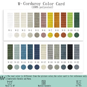 May include: A W-Corduroy Color Card featuring 100% polyester fabric swatches in 22 distinct colors, labeled W-1 through W-22. Each color is displayed as a vertical rectangular swatch and a circular sample. Text includes care instructions and warnings.