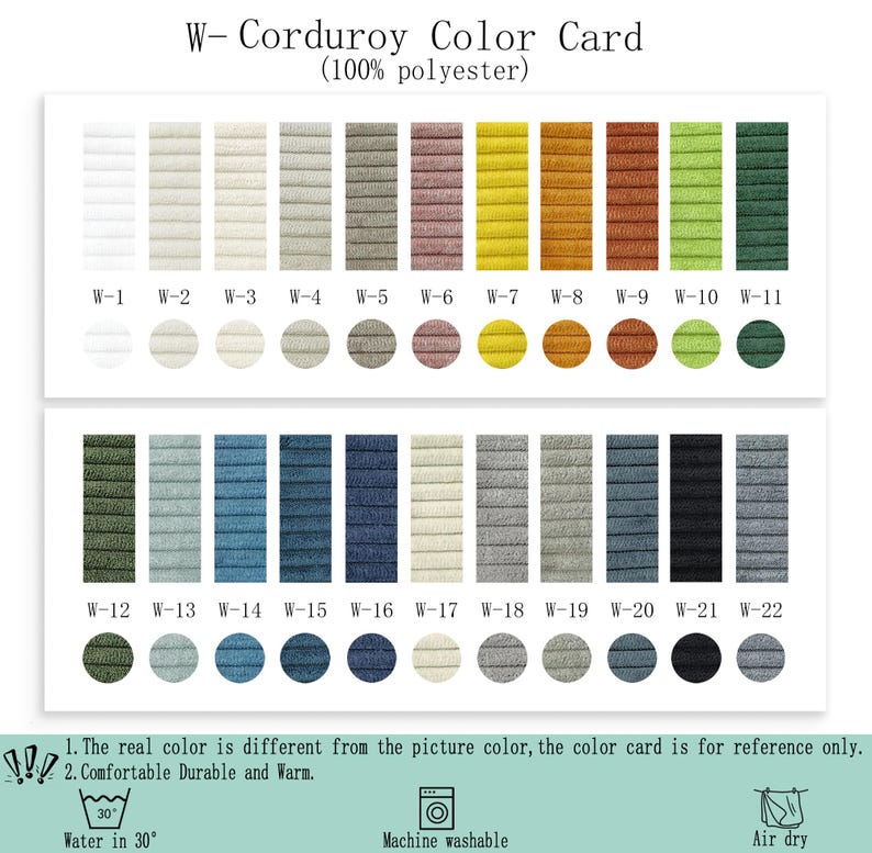 May include: A W-Corduroy Color Card featuring 100% polyester fabric swatches in 22 distinct colors, labeled W-1 through W-22. Each color is displayed as a vertical rectangular swatch and a circular sample. Text includes care instructions and warnings.