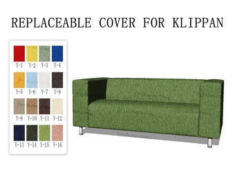 May include: A replaceable cover for a Klippan sofa, shown in green on a rectangular sofa with four silver legs. A color swatch chart displays sixteen fabric options labeled Y-1 through Y-16, featuring various solid colors and textures.