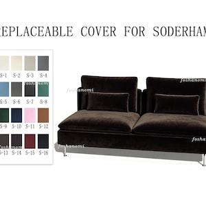 May include: A dark brown velvet sofa cover for Soderhamn furniture, featuring a rectangular backrest and seat cushions with two lumbar pillows. A color swatch chart displays sixteen fabric options labeled S-1 through S-16 for customization.
