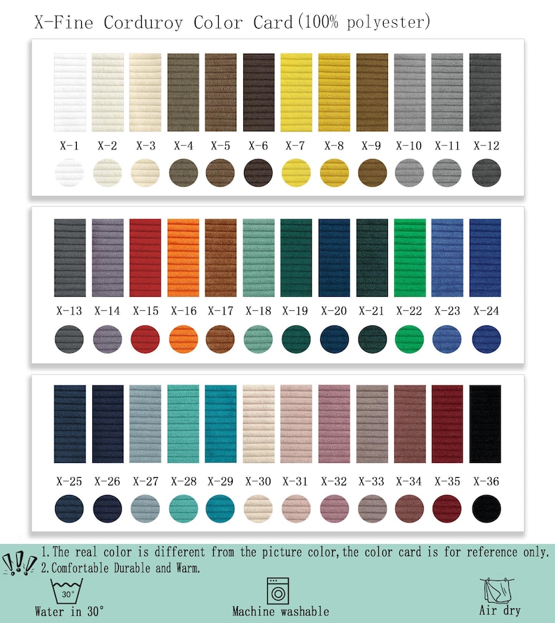 May include: A color card for X-Fine Corduroy fabric made of 100% polyester, featuring 36 distinct color swatches labeled X-1 through X-36. Each swatch includes a rectangular fabric sample and a circular color dot for reference and comparison.
