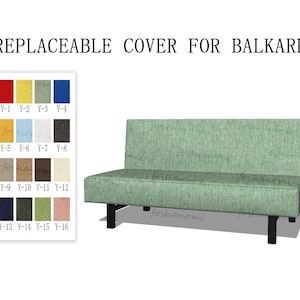 Puede incluir: Un sofá verde con patas negras y una carta de colores de muestras de tela. El texto dice "REPLACEABLE COVER FOR BALKARP". La carta de colores muestra varios colores de tela, incluyendo rojo, amarillo, azul y tonos neutros.