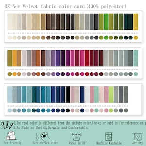 May include: A velvet fabric color card featuring 79 numbered swatches in various shades, including neutrals, greens, purples, reds, and blues. The text reads: DZ-New Velvet fabric color card (100% polyester). Includes care icons for pet-friendly, scratch-resistant, machine washable, and air dry.