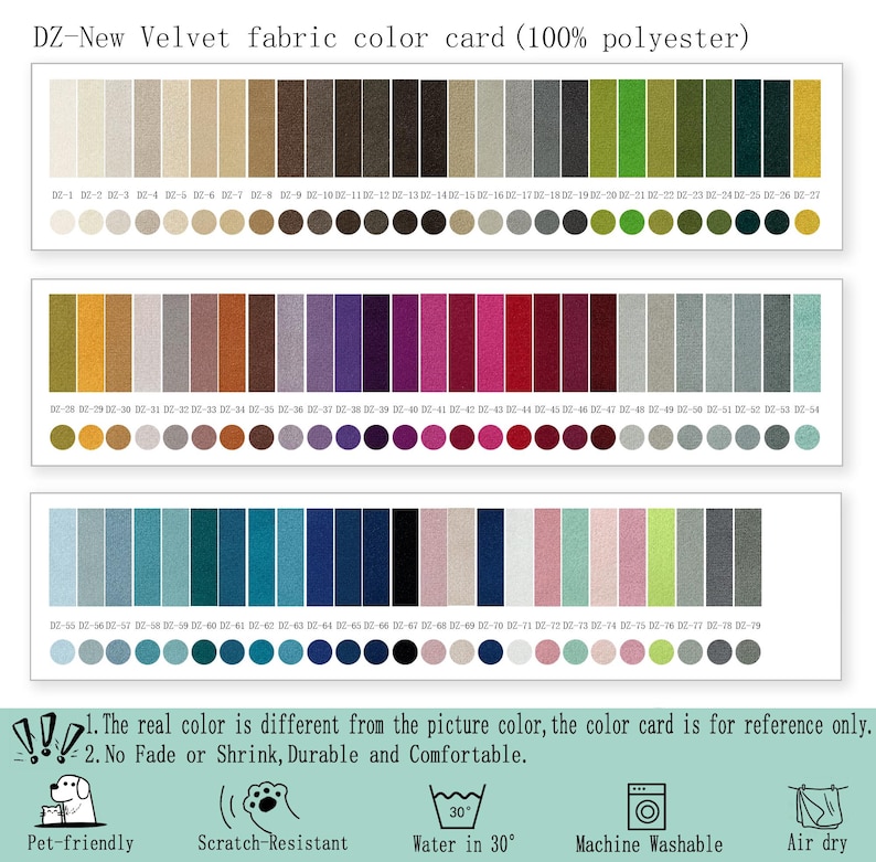 May include: A velvet fabric color card featuring 79 numbered swatches in various shades, including neutrals, greens, purples, reds, and blues. The text reads: DZ-New Velvet fabric color card (100% polyester). Includes care icons for pet-friendly, scratch-resistant, machine washable, and air dry.