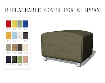 May include: A replaceable cover for a Klippan sofa, shown in a textured olive green fabric on a square ottoman with four short cylindrical legs. A color swatch chart displays sixteen fabric options labeled Y-1 through Y-16.