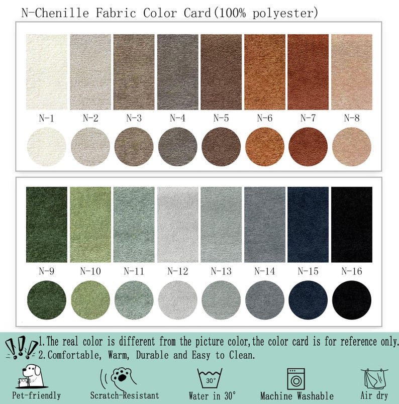 May include: N-Chenille Fabric Color Card (100% polyester) featuring sixteen fabric swatches labeled N-1 through N-16, displayed as rectangles and circles. Includes care icons for pet-friendly, scratch-resistant, 30-degree wash, and air dry.