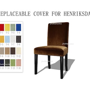 Può includere: Un coprisedia in velluto marrone per sedia Henriksdal, con una tavolozza di colori che mostra sedici campioni di tessuto etichettati da Y-1 a Y-16. Il testo REPLACEABLE COVER FOR HENRIKSDAL è visualizzato nella parte superiore.