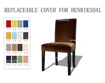 Könnte beinhalten: Ein brauner Stuhlbezug aus Samt für einen Henriksdal-Stuhl, inklusive einer Farbpalette mit sechzehn Stoffmustern, die von Y-1 bis Y-16 beschriftet sind. Der Text REPLACEABLE COVER FOR HENRIKSDAL steht oben im Bild.