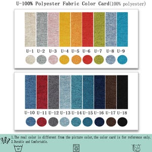 May include: A U-100% Polyester Fabric Color Card featuring eighteen rectangular fabric swatches and corresponding circular samples labeled U-1 through U-18. The colors range from beige, gray, pink, yellow, orange, red, green, and blue to dark navy, brown, and black. Includes care icons.