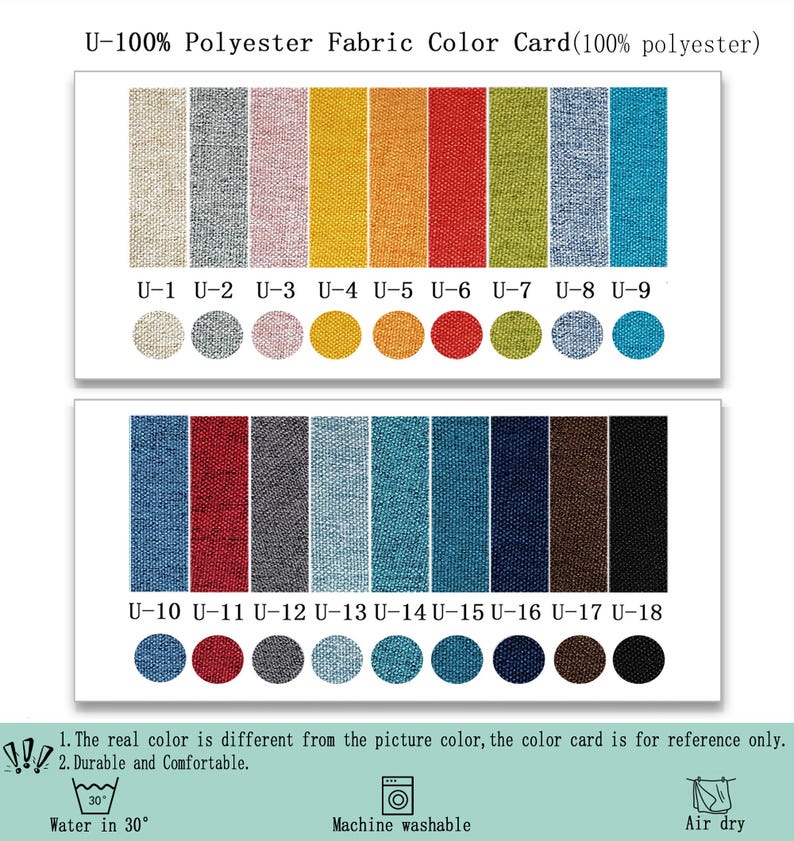 May include: A U-100% Polyester Fabric Color Card featuring eighteen rectangular fabric swatches and corresponding circular samples labeled U-1 through U-18. The colors range from beige, gray, pink, yellow, orange, red, green, and blue to dark navy, brown, and black. Includes care icons.