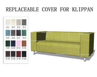 May include: A lime green sofa with a textured fabric cover and four silver cylindrical legs. The text REPLACEABLE COVER FOR KLIPPAN appears above a color swatch chart labeled S-1 through S-16, displaying various fabric color options.