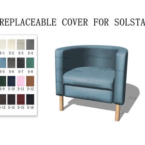 May include: A blue upholstered armchair with wooden legs. The image includes a color chart with various fabric swatches labeled S-1 through S-16. Text at the top reads "REPLACEABLE COVER FOR SOLSTA".