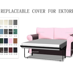 Op de afbeelding: Een vervangbare hoes voor de Ektorp slaapbank met een lichtroze stoffen bekleding. Links toont een kleurstaalkaart zestien genummerde opties variërend van wit en grijs tot blauw, groen, roze, bruin en zwarte stoffen stalen.