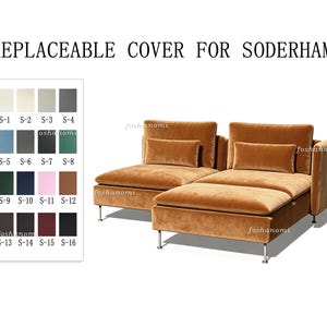 May include: A replaceable cover for a Soderhamn sofa, shown in a golden-brown velvet fabric on a sectional sofa with metal legs. A color swatch chart displays sixteen numbered fabric options ranging from light neutrals to dark tones.