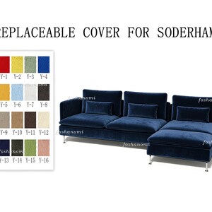 May include: A navy blue sectional sofa with three back cushions and three matching rectangular throw pillows, supported by thin silver metal legs. To the left, a color swatch chart displays sixteen fabric options labeled Y-1 through Y-16.