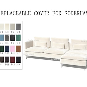 May include: A cream-colored sectional sofa with three back cushions and three matching lumbar pillows on thin metal legs. To the left, a color swatch chart displays sixteen fabric options labeled S-1 through S-16. Text reads: REPLACEABLE COVER FOR SODERHAMN.