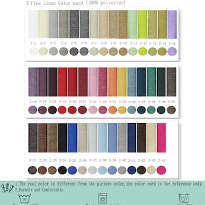May include: A Z-Fine Linen color card featuring 44 fabric swatches made of 100% polyester. The card displays vertical strips and circular samples of various colors labeled Z-1 through Z-44. Includes care instructions for 30-degree water, machine washing, and air drying.