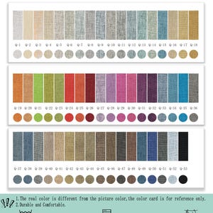 May include: A Q-Cotton Linen Fabric Color Card featuring 53 swatches of 20% cotton and 80% polyester fabric in various colors, labeled Q-1 through Q-53. Each swatch has a corresponding circular sample below it, with care instructions at the bottom.