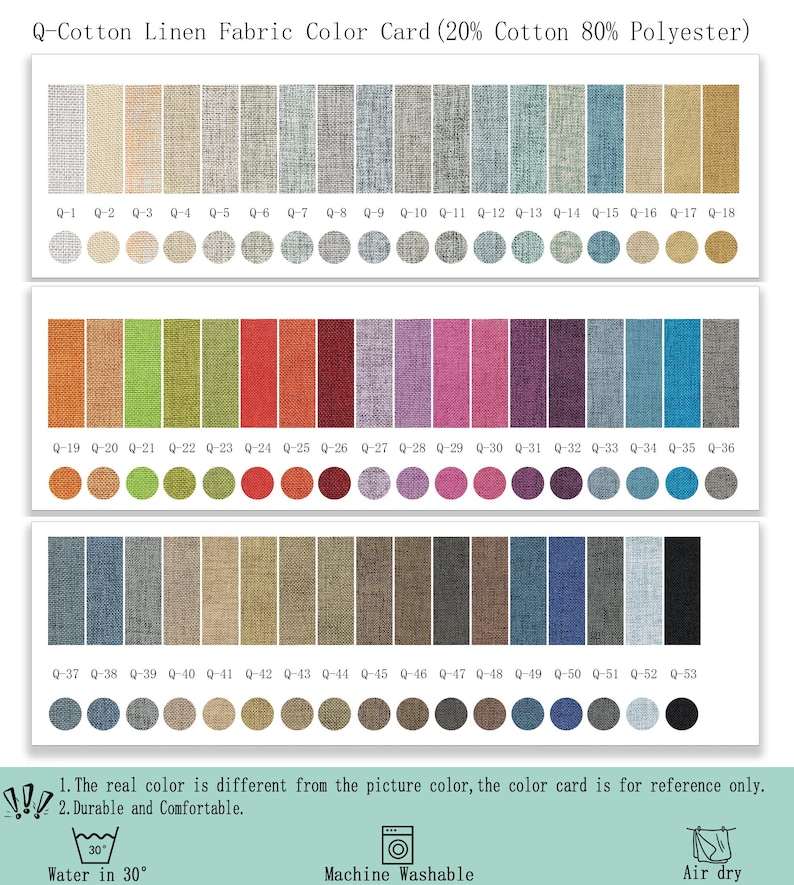 May include: A Q-Cotton Linen Fabric Color Card featuring 53 swatches of 20% cotton and 80% polyester fabric in various colors, labeled Q-1 through Q-53. Each swatch has a corresponding circular sample below it, with care instructions at the bottom.