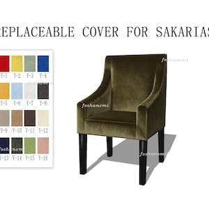 Può includere: Una poltrona in velluto verde oliva con gambe nere e schienale alto. Il testo "REPLACEABLE COVER FOR SAKARIAS" appare in alto. A sinistra è inclusa una tabella di campioni di colore con sedici opzioni di tessuto numerate in vari colori.