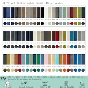 May include: An H-velvet fabric color card featuring 100% polyester swatches labeled H-67 through H-132. The chart displays a wide range of colors in rectangular and circular samples, including text notes about color accuracy, durability, and care instructions.