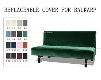 May include: A green velvet sofa bed cover for a Balkarp model, featuring a rectangular backrest and seat cushion on black legs. To the left, a colour swatch chart displays sixteen fabric options labelled S-1 through S-16 in various shades.