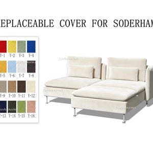 May include: A beige sectional sofa with two rectangular throw pillows and silver metal legs. The text "REPLACEABLE COVER FOR SODERHAMN" appears above the sofa. A color swatch chart displays sixteen fabric options labeled Y-1 through Y-16.