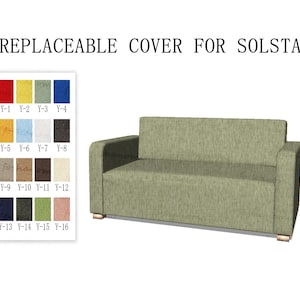 May include: A green fabric sofa with a replaceable cover. The image shows a color chart with 16 different fabric options for the cover.