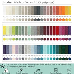 May include: An H-velvet fabric color card made of 100% polyester, featuring 66 numbered rectangular swatches and corresponding circular samples in a wide spectrum of colors. Includes text labels, care icons for pet-friendly, scratch-resistant, and washing instructions.