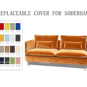 May include: A replaceable cover for a Soderhamn sofa, featuring a two-seater couch upholstered in orange velvet with two rectangular back cushions and two smaller lumbar pillows, supported by thin silver metal legs, alongside a color swatch chart.