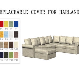 May include: A sectional sofa with a chaise lounge and a removable cover. The sofa is beige and has a linen-like fabric. The image shows a color chart with 16 different colors for the removable cover.