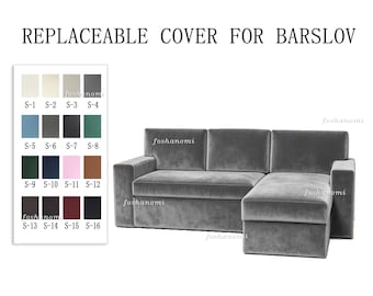 May include: A grey velvet sectional sofa with a chaise lounge, labeled as a replaceable cover for BARSLOV. To the left, a color swatch chart displays sixteen numbered fabric options in various shades including white, blue, pink, and black.
