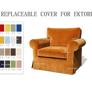 Puede incluir: Una funda de terciopelo reemplazable para sillón en un tono naranja vibrante, con una base con faldón y reposabrazos redondeados. La imagen incluye el texto REPLACEABLE COVER FOR EKTORP y una tabla de muestras de color de Y-1 a Y-16.