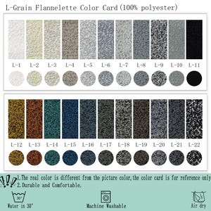 May include: L-Grain Flannelette Color Card (100% polyester) featuring 22 fabric swatches labeled L-1 through L-22, displayed as rectangular strips and circular dots. Includes care instructions for water at 30 degrees, machine washing, and air drying.