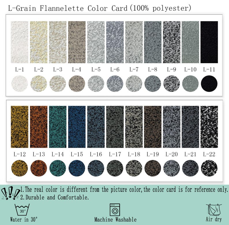 May include: L-Grain Flannelette Color Card (100% polyester) featuring 22 fabric swatches labeled L-1 through L-22, displayed as rectangular strips and circular dots. Includes care instructions for water at 30 degrees, machine washing, and air drying.