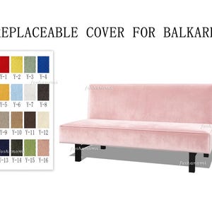 May include: A light pink sofa with a rectangular backrest and seat, supported by black legs. The text REPLACEABLE COVER FOR BALKARP appears above. A color swatch chart displays sixteen fabric options labeled Y-1 through Y-16 in various colors.