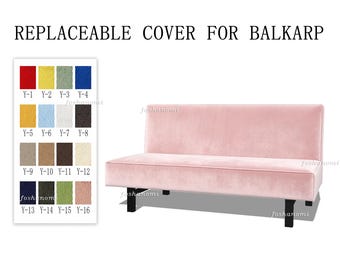 May include: A light pink sofa with black legs and a colour swatch chart featuring sixteen fabric options labelled Y-1 through Y-16. The text at the top reads REPLACEABLE COVER FOR BALKARP. The sofa has a rectangular backrest and seat.