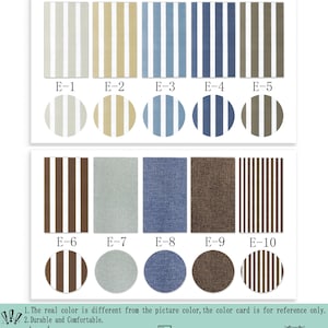 May include: E-Stripe Color Card (100% polyester) featuring ten fabric swatches labeled E-1 through E-10. The display includes striped patterns in white, beige, blue, and brown, alongside solid textured swatches. Includes care icons for washing.