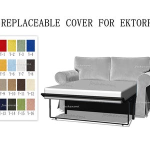 May include: A replaceable cover for Ektorp sofa bed featuring a light gray fabric upholstery. The image includes a color swatch chart with sixteen numbered fabric options ranging from red and yellow to blue, brown, and green tones.