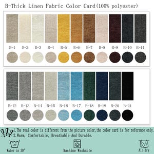 May include: A B-Thick Linen Fabric Color Card (100% polyester) displaying twenty-one fabric swatches in rectangular and circular shapes, labeled B-1 through B-21. The card includes care instructions for washing in 30-degree water and air drying.