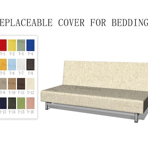 Puede incluir: Un sofá cama beige con una funda intercambiable. La imagen muestra una carta de colores con 16 opciones de tela diferentes para la funda.