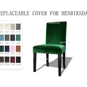 Può includere: Un rivestimento sostituibile per sedia Henriksdal in tessuto di velluto verde intenso. L'immagine include una tabella di campioni di colore etichettati da S-1 a S-16, che mostra varie opzioni di tessuto in toni neutri, blu, rosa, marroni e scuri.