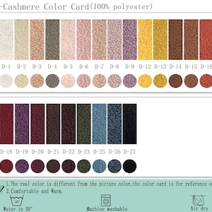 May include: D-Cashmere Color Card (100% polyester) featuring a grid of textured fabric swatches in various shades including white, beige, pink, purple, yellow, brown, red, green, blue, and black, labeled D-1 through D-27 with circular samples.