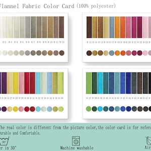 May include: An R-Flannel Fabric Color Card featuring 48 distinct 100% polyester fabric swatches arranged in four grids, each labeled with codes R-1 through R-48. Includes care icons for 30-degree water washing, machine washing, and air drying.